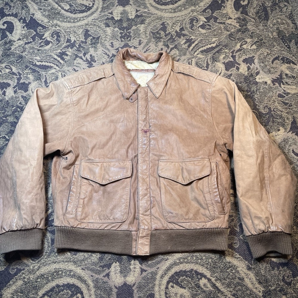 Vtg G-III Leather Leather Fashions Brown Bomber Jacket Mens Size Small Map